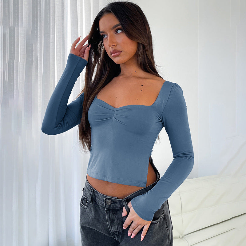 Solid Color Slit Long Sleeve Square Neck Tee