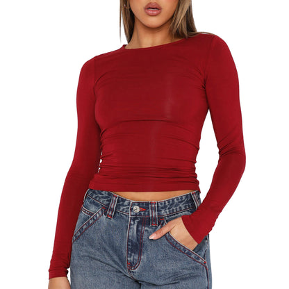 Solid Color Round Neck Long Sleeve Slim Top