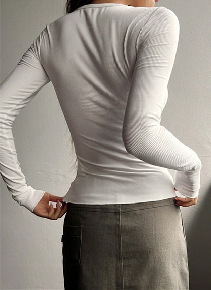 Solid Color Breasted Slim Long Sleeve V Neck Knit Tee