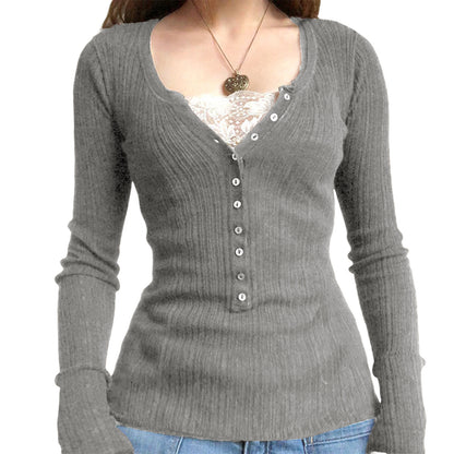 Solid Color Button Long Sleeve Lace Paneled Knit Top