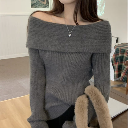 Off Shoulder Solid Color Long Sleeve Knit Sweater