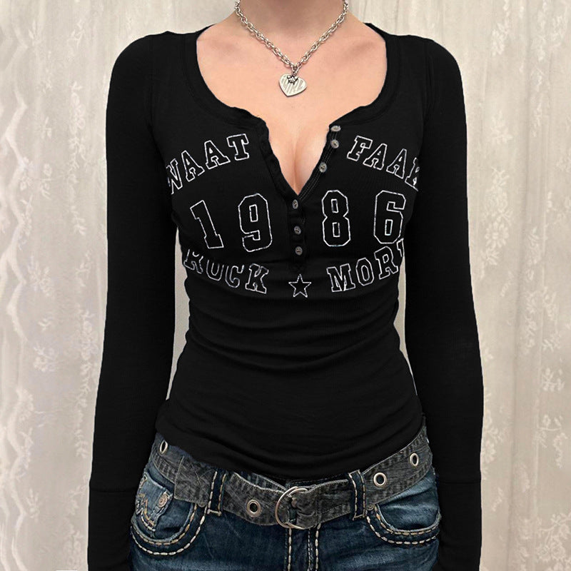 Vintage Number Letter Print Breasted Button Long Sleeve Tee
