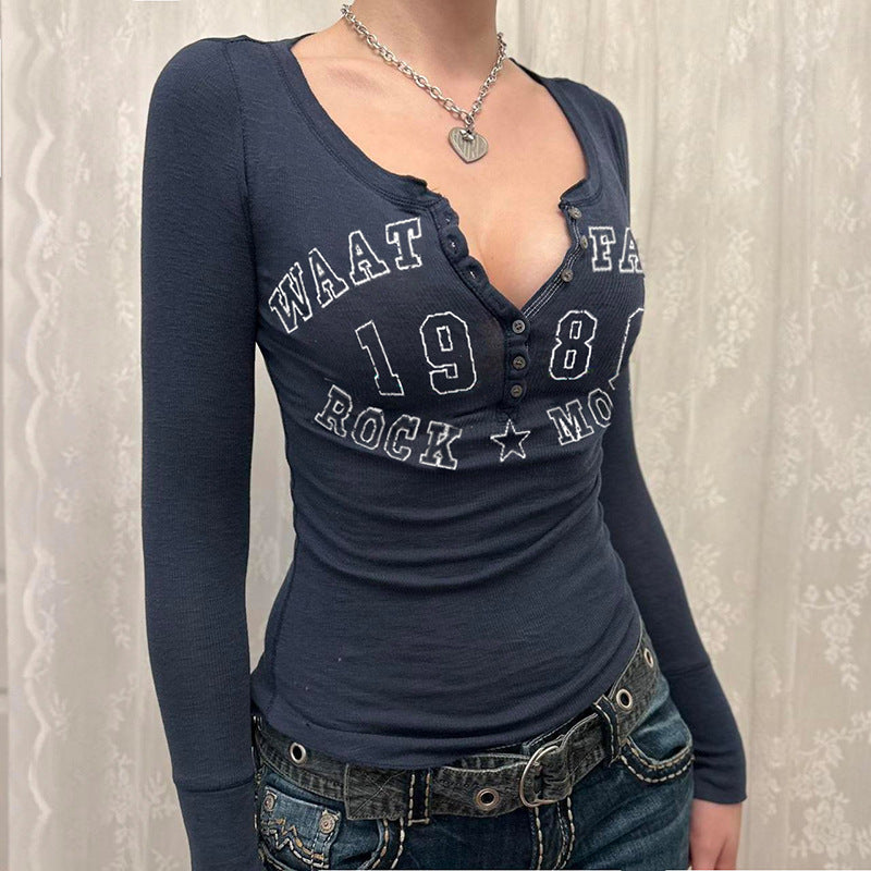Vintage Number Letter Print Breasted Button Long Sleeve Tee