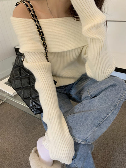 Off Shoulder Solid Color Long Sleeve Knit Sweater