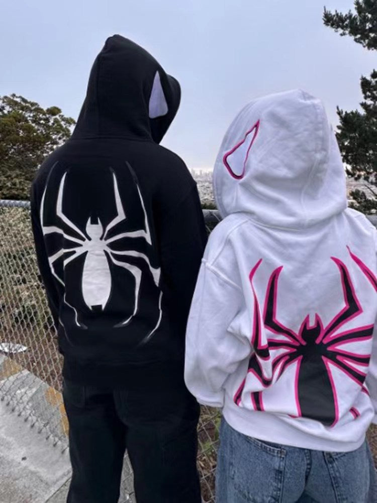 Y2K Punk Spider Print Oversized Zipper Hoodie