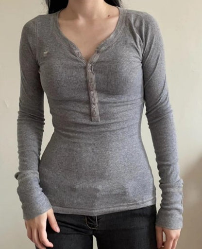 Solid Color Button V Neck Long Sleeve Knit Tee