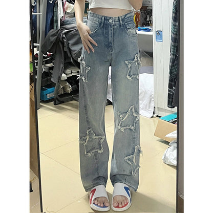 Star Embroidery Loose Straight Leg Jeans