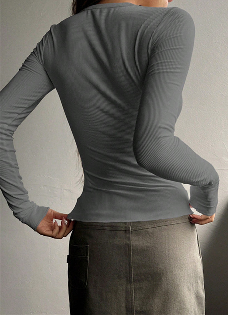 Solid Color Breasted Slim Long Sleeve V Neck Knit Tee