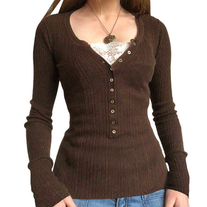 Solid Color Button Long Sleeve Lace Paneled Knit Top