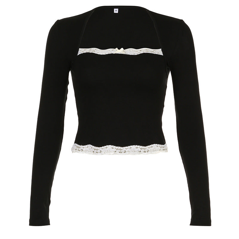 Solid Color Lace Trim Splice Long Sleeve Knit Top