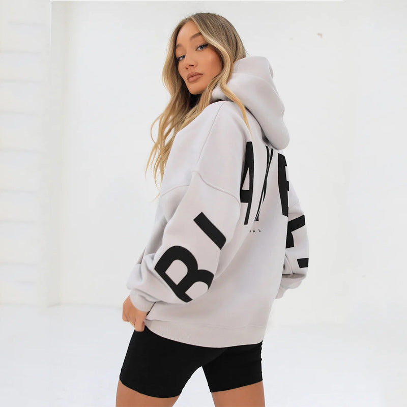 Solid Color Letter Print Oversized Pullover Hoodie