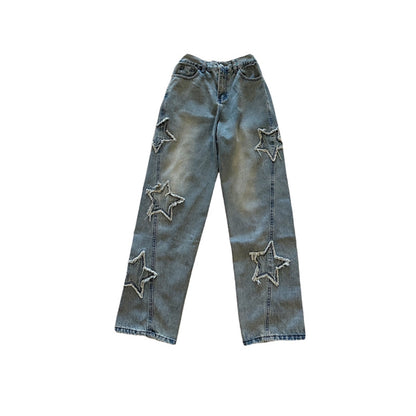 Star Embroidery Loose Straight Leg Jeans