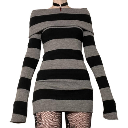 Striped Off Shoulder Long Sleeve Knit Mini Dress