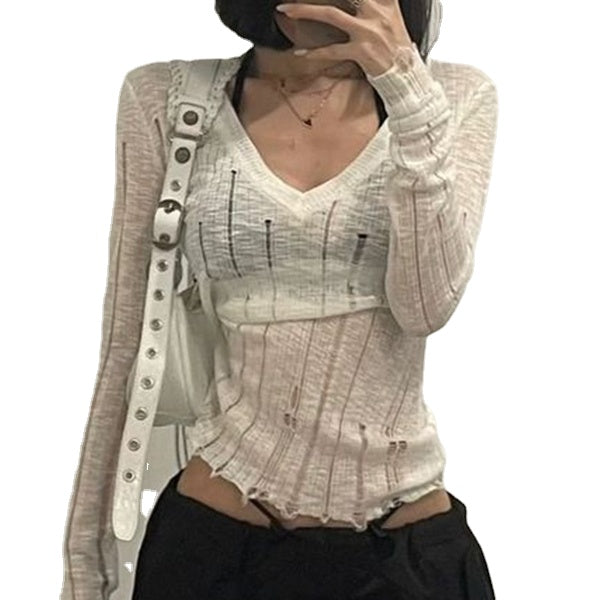Hollow Out V Neck Tattered Slim Long Sleeve Knit Top