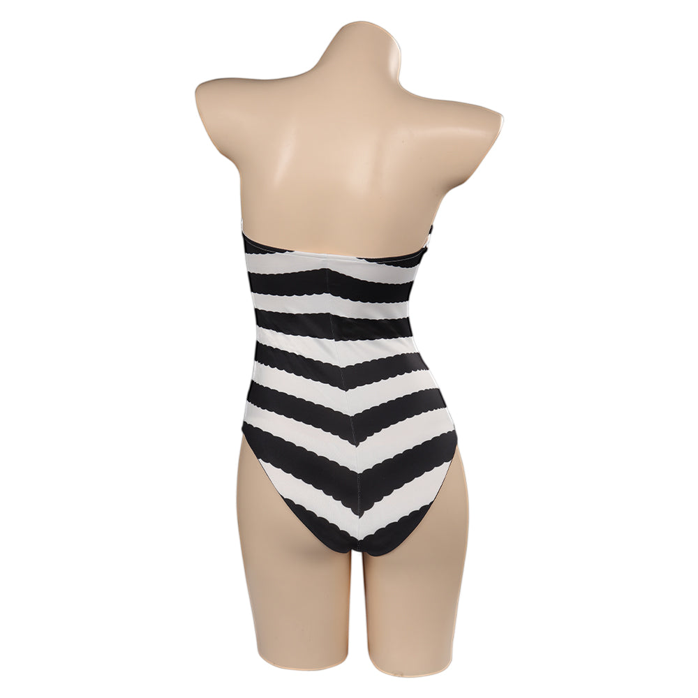 2023 Movie Margot Robbie Classic Black And White Striped Swimsuit Cosplay Costume