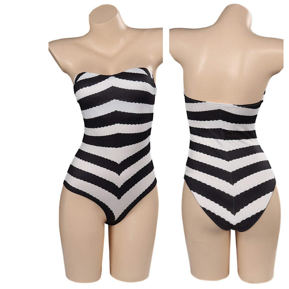 2023 Movie Margot Robbie Classic Black And White Striped Swimsuit Cosplay Costume