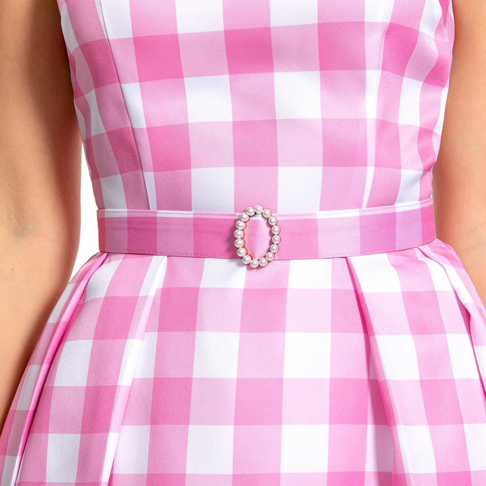 2023 Doll Movie Margot Robbie Pink Plaid Long Dress Outfits Cosplay Costume