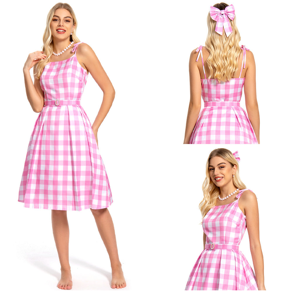 2023 Doll Movie Margot Robbie Pink Plaid Long Dress Outfits Cosplay Costume
