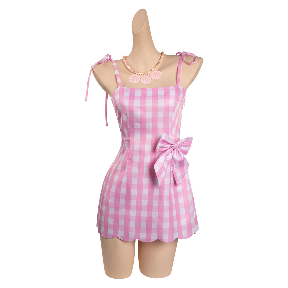 2023 Movie Margot Robbie Pink Plaid Dress Outfits Halloween Carnival Suit Cosplay Costume