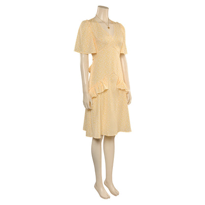 2023 Movie Margot Robbie Yellow Flounced Dress With Necklace Cosplay Costume