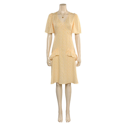 2023 Movie Margot Robbie Yellow Flounced Dress With Necklace Cosplay Costume