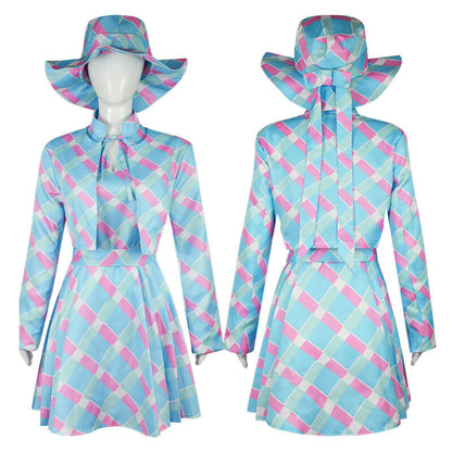 2023 Doll Movie Margot Robbie Blue Houndstooth Dress Outfit Cosplay Costume