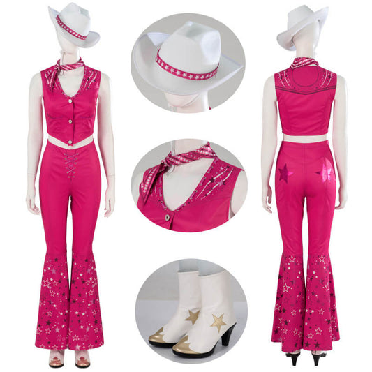 Margot Robbie Hot Pink Doll Costume Cowgirl Western Outfit with Hat