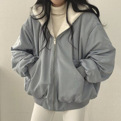 Winter Loose Solid Color Reversible Fleece Hooded Jacket